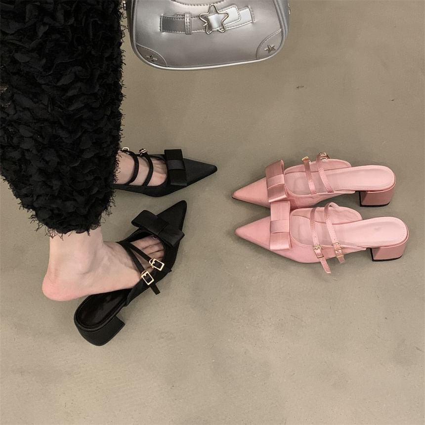 Pointed Toe Bow Chunky Heel Mary Jane Mules