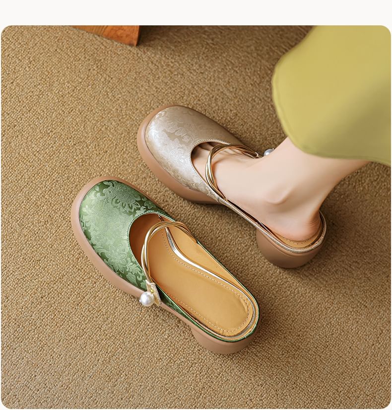 Mary Jane Chunky Heel Mules Floral Platform