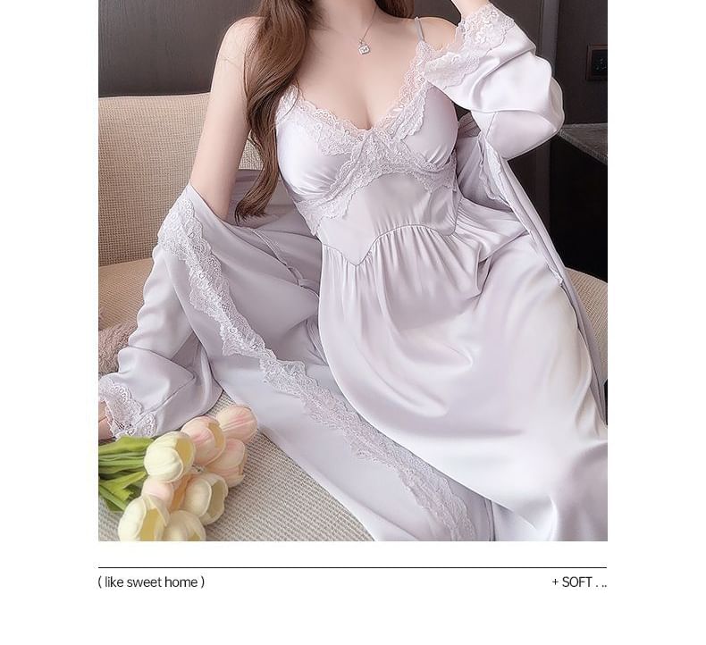 V-Neck Lace Panel Nightdress with Thin Straps