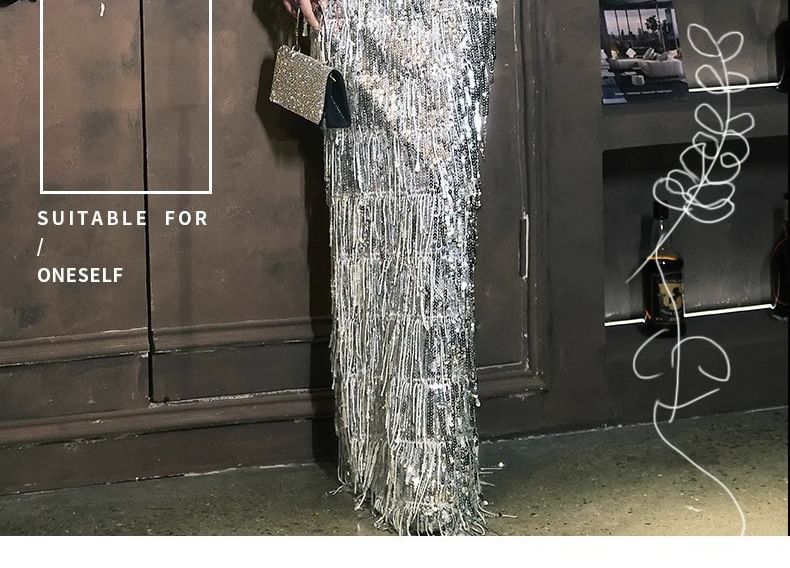 Panel Gown Evening Velvet Off-Shoulder Sequined Tasseled A-Line