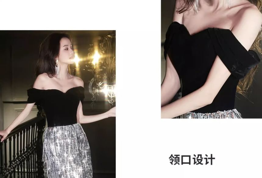 Panel Gown Evening Velvet Off-Shoulder Sequined Tasseled A-Line