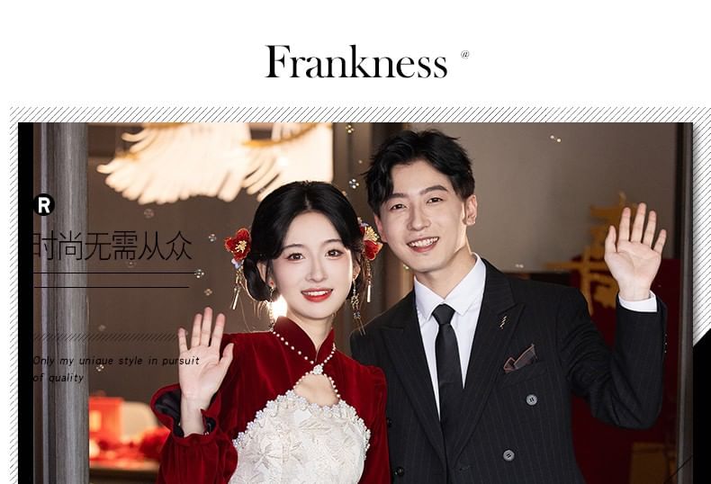 Puff-Sleeve Pearl Faux Jacquard Wedding Dress Chinese A-Line Floral