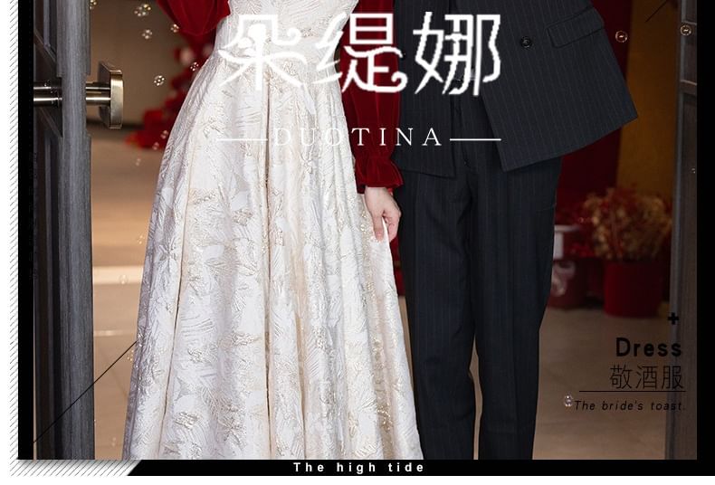 Puff-Sleeve Pearl Faux Jacquard Wedding Dress Chinese A-Line Floral