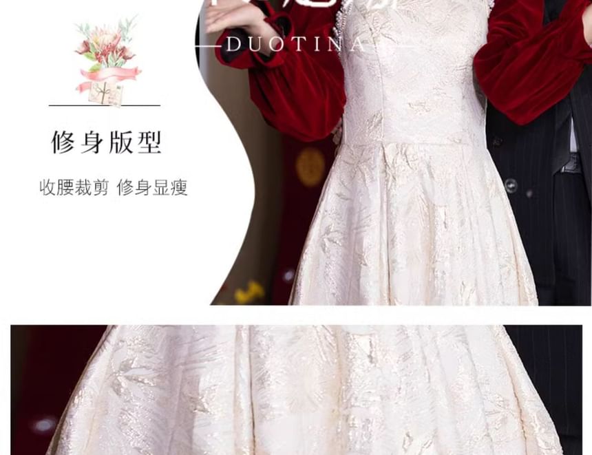 Puff-Sleeve Pearl Faux Jacquard Wedding Dress Chinese A-Line Floral