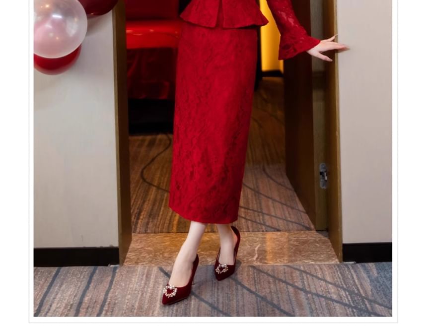 Frog Top Pencil Buttoned Midi Button-Up Waist Skirt + Long-Sleeve Lace High Set: