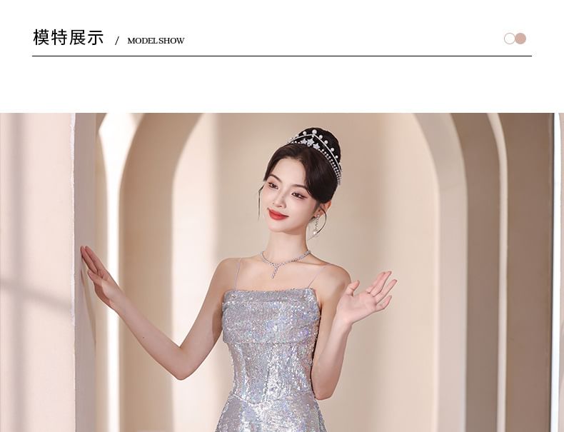 Sequined Strap Evening Spaghetti Gown A-Line