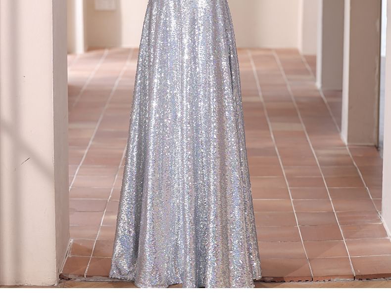Sequined Strap Evening Spaghetti Gown A-Line