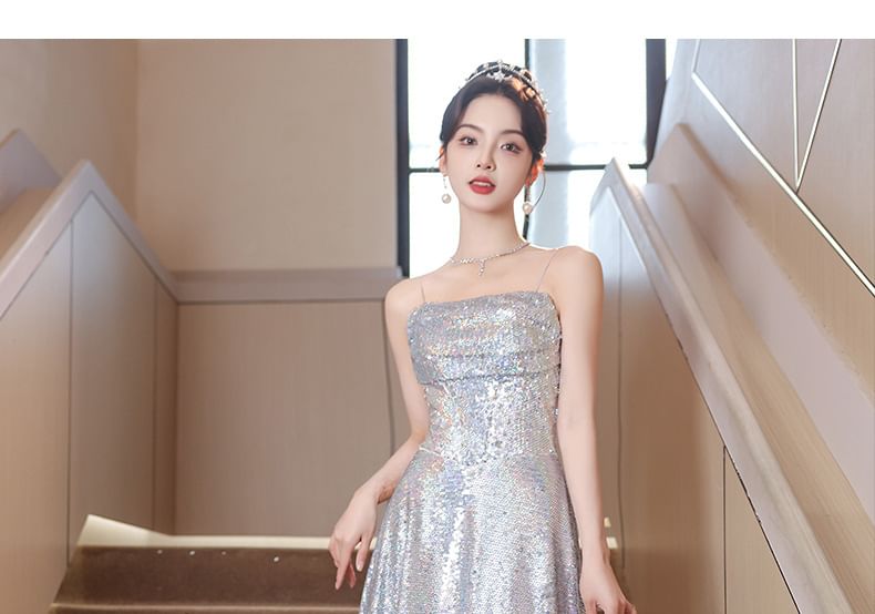 Sequined Strap Evening Spaghetti Gown A-Line