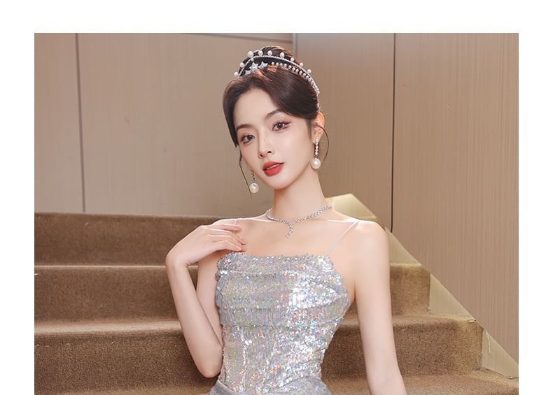 Sequined Strap Evening Spaghetti Gown A-Line