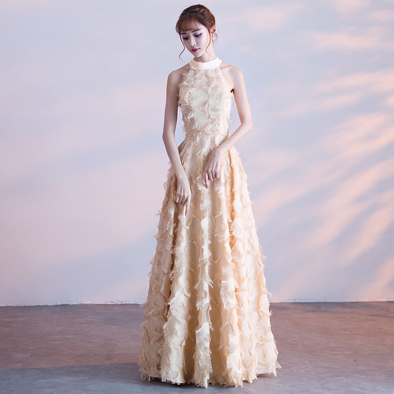 Gown Halter-Neck A-Line Feather Evening