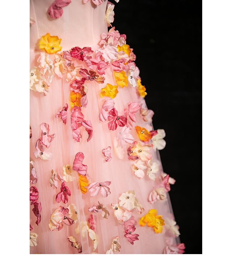 Spaghetti Floral Applique Strap A-Line Gown Evening Mesh