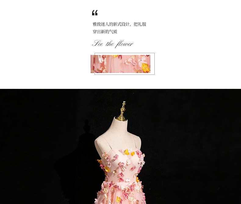 Spaghetti Floral Applique Strap A-Line Gown Evening Mesh