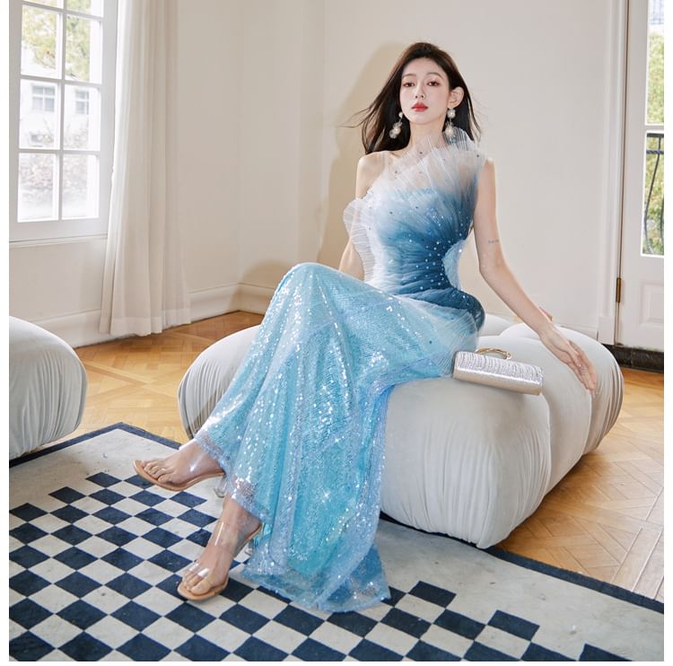 Shoulder Gown Evening Sequined Mermaid Ombre One
