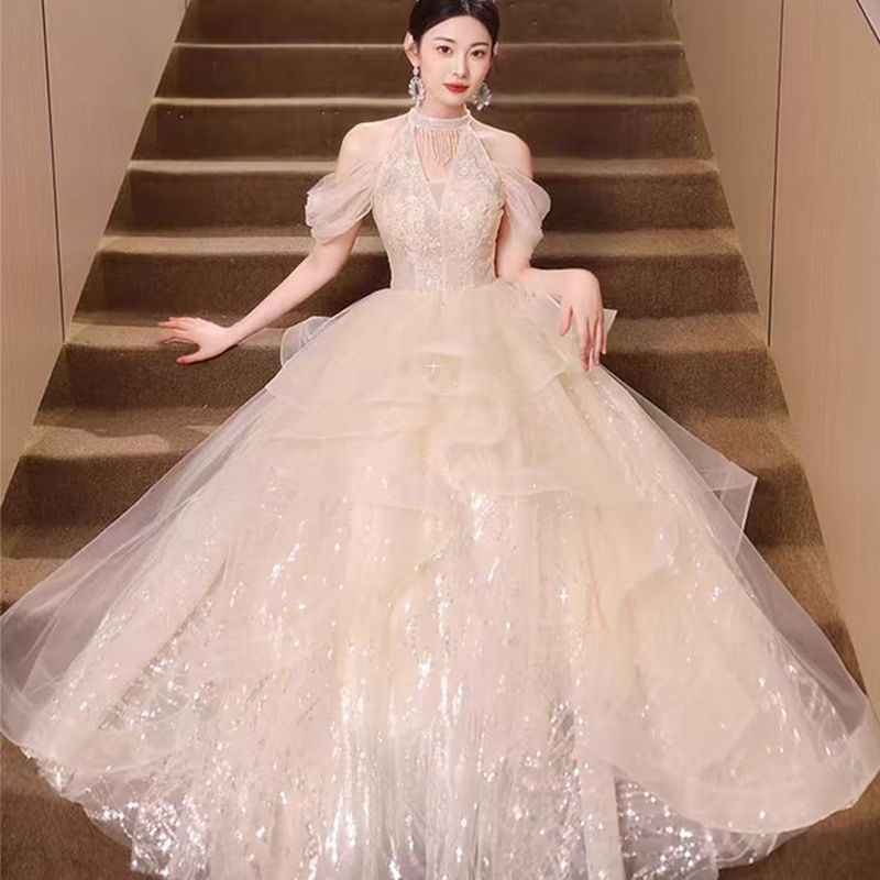 Sequined A-Line Ruffled Evening Gown Cold-Shoulder