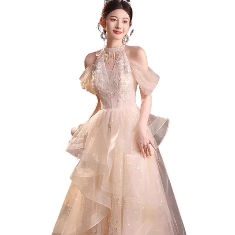 Sequined A-Line Ruffled Evening Gown Cold-Shoulder