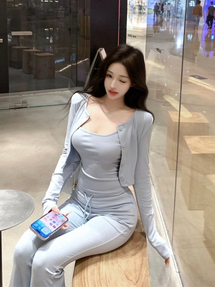 Scoop Neck Plain Crop Camisole Top / Drawstring Waist Flared Pants / Crew Neck Button-Up Cardigan