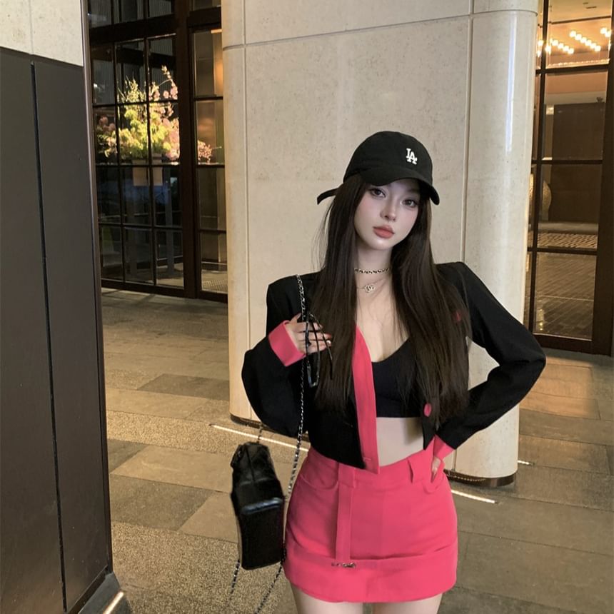 High Waist Plain Mini Pencil Skirt / Mock Two-Piece Notch Lapel Two Tone Blazer (Various Designs)