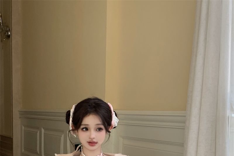 Knit Plain Lace Neck Mini Mock Apron Top Halter / Tiered Rise Set Bow Half Accent Crop Trim Skirt Two-Piece A-Line High Long-Sleeve