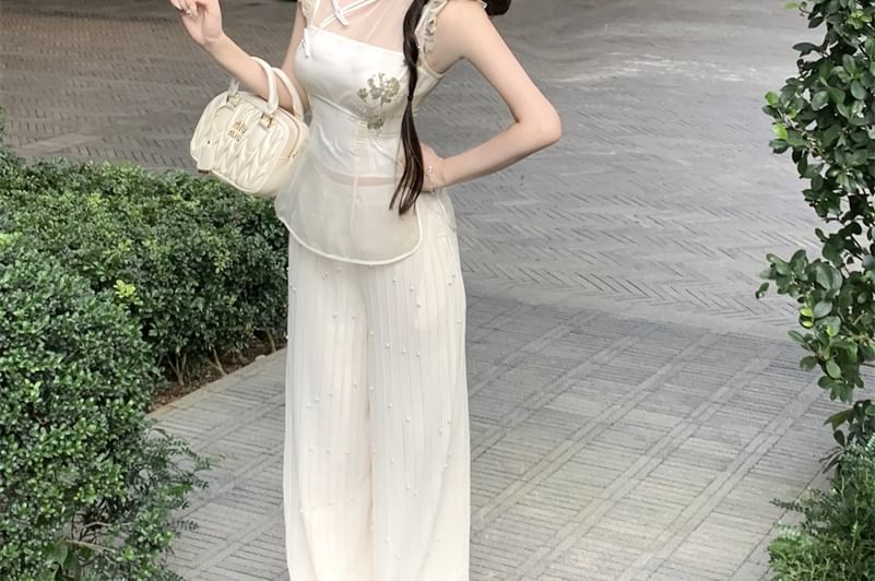 Cap-Sleeve Stand Collar Floral Embroidered Frog Buttoned Slit Top / Plain Crop Tube Top / High Rise Wide Leg Pants / Set