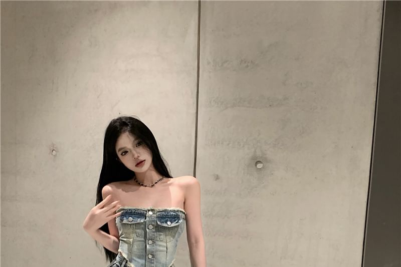 Washed Frayed Button-Up Denim Crop Tube Top / High Rise Ripped Loose Fit Jeans