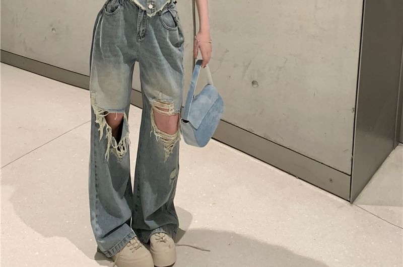 Washed Frayed Button-Up Denim Crop Tube Top / High Rise Ripped Loose Fit Jeans