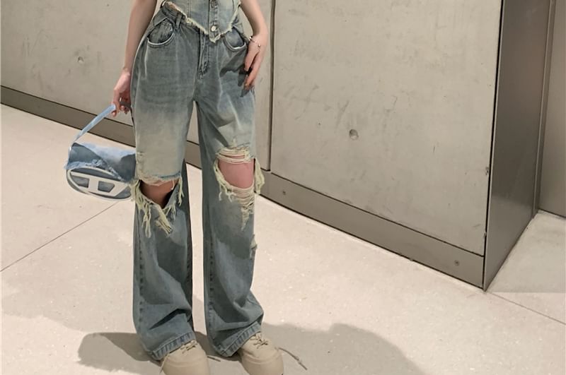 Washed Frayed Button-Up Denim Crop Tube Top / High Rise Ripped Loose Fit Jeans