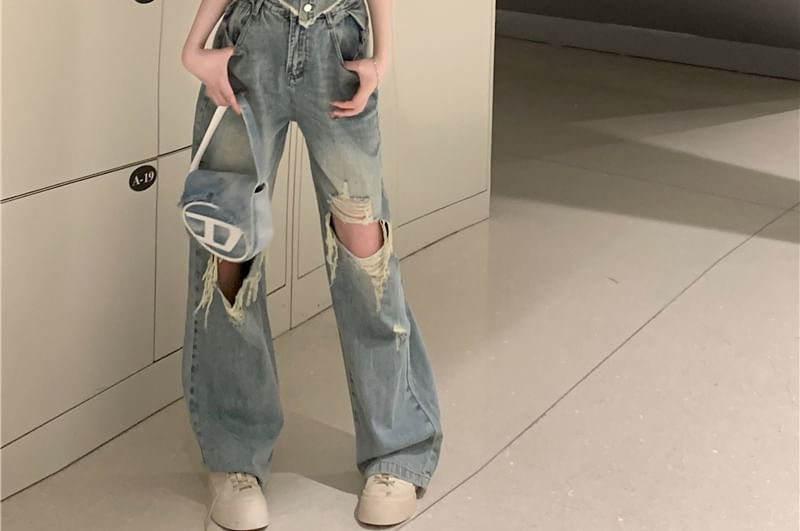 Washed Frayed Button-Up Denim Crop Tube Top / High Rise Ripped Loose Fit Jeans