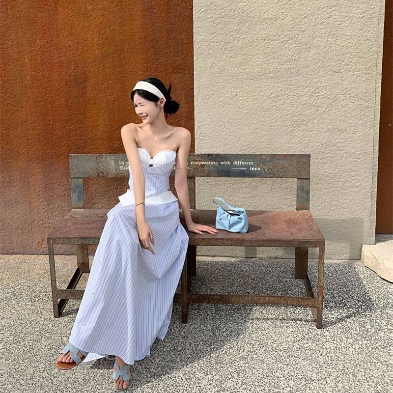 A-Line Neckline Waist Top Crop Cutout Mock High Sweetheart / Striped Skirt Two-Piece Maxi Camisole