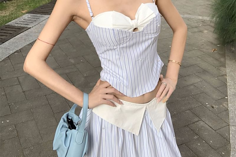 A-Line Neckline Waist Top Crop Cutout Mock High Sweetheart / Striped Skirt Two-Piece Maxi Camisole