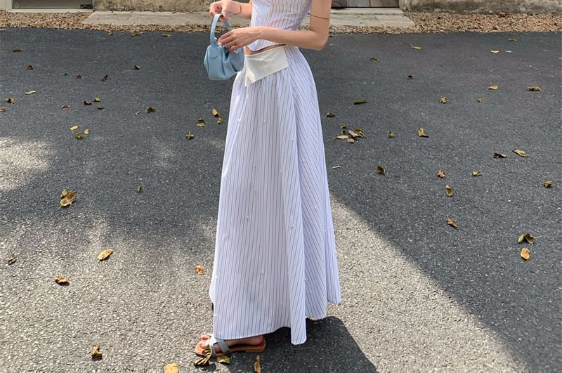 A-Line Neckline Waist Top Crop Cutout Mock High Sweetheart / Striped Skirt Two-Piece Maxi Camisole