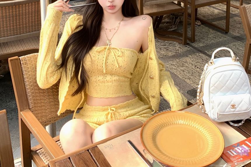 Drawstring Speckle Knit Cardigan Waist Top Pants Crop Tube / Hot Tie Front Perforated