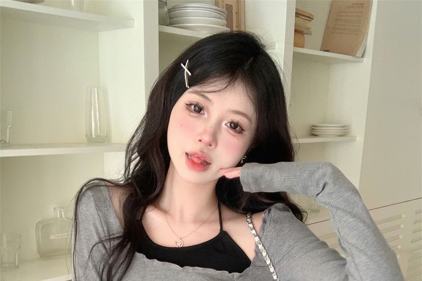 Top Crop Set Halter / Plain Accent Skort Waist A-Line Neck Mini Long-Sleeve Bow High Asymmetrical T-Shirt