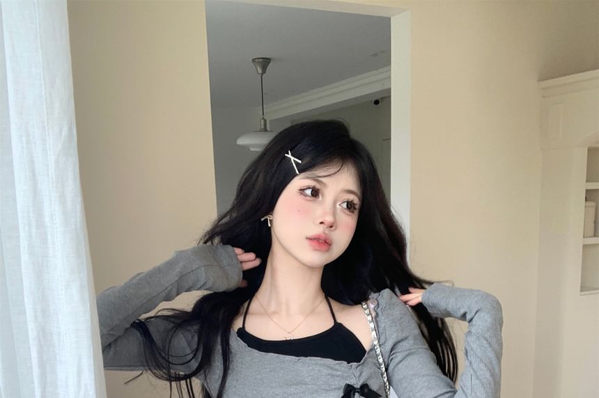 Top Crop Set Halter / Plain Accent Skort Waist A-Line Neck Mini Long-Sleeve Bow High Asymmetrical T-Shirt