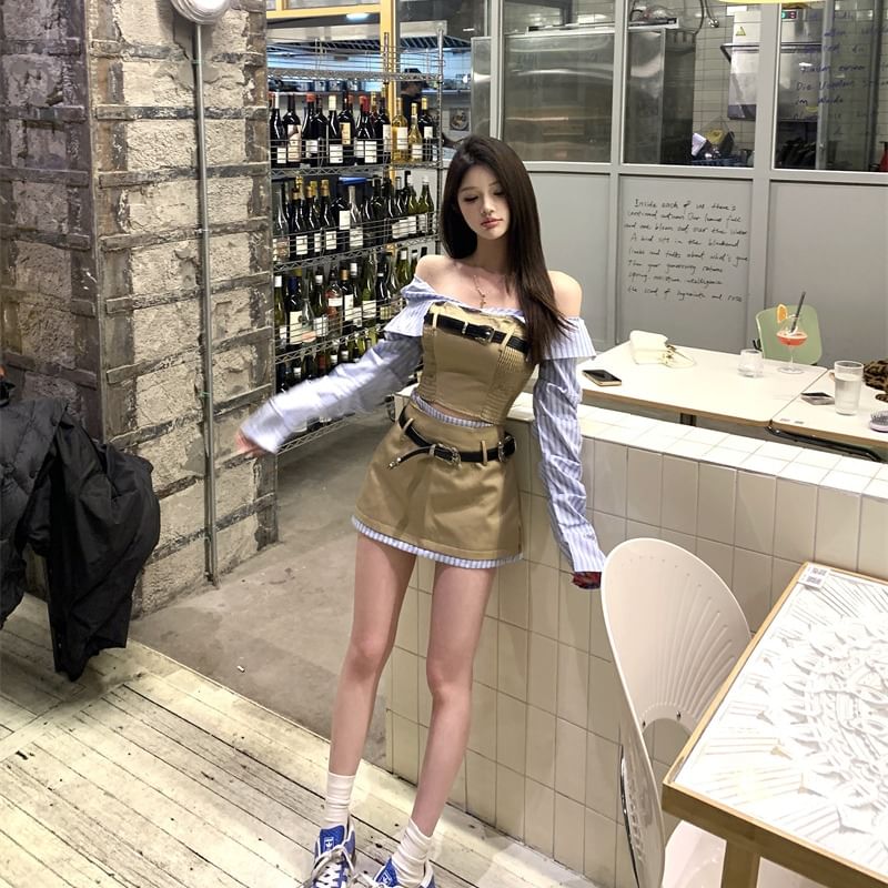 Mock Two-Piece Long-Sleeve Off-Shoulder Striped Panel Smocked Crop Blouse / High Waist Mini A-Line Skirt / Belt / Set