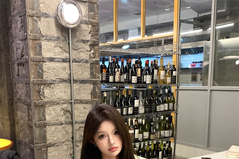 Mock Two-Piece Long-Sleeve Off-Shoulder Striped Panel Smocked Crop Blouse / High Waist Mini A-Line Skirt / Belt / Set