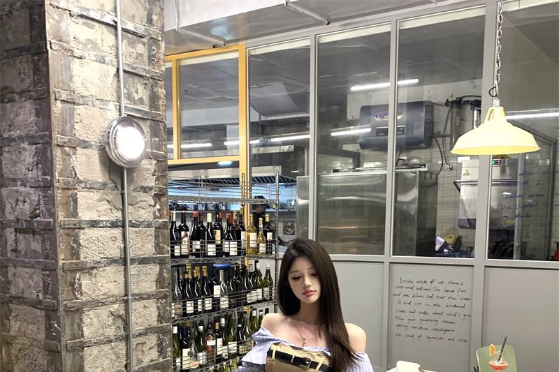 Mock Two-Piece Long-Sleeve Off-Shoulder Striped Panel Smocked Crop Blouse / High Waist Mini A-Line Skirt / Belt / Set