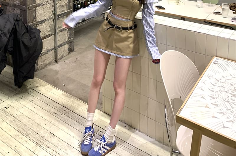 Mock Two-Piece Long-Sleeve Off-Shoulder Striped Panel Smocked Crop Blouse / High Waist Mini A-Line Skirt / Belt / Set