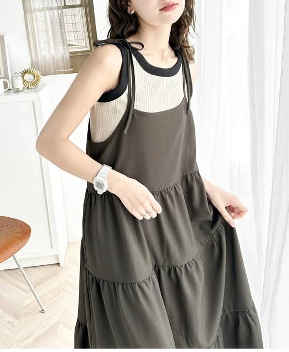 Tie Shoulder Plain Tiered Maxi A-Line Dress