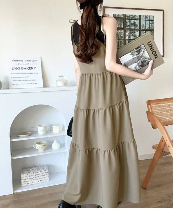 Tie Shoulder Plain Tiered Maxi A-Line Dress