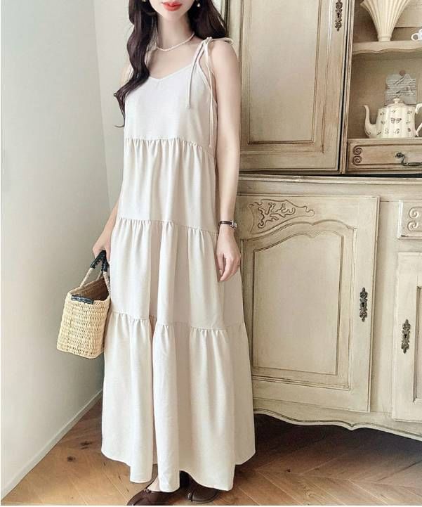 Tie Shoulder Plain Tiered Maxi A-Line Dress