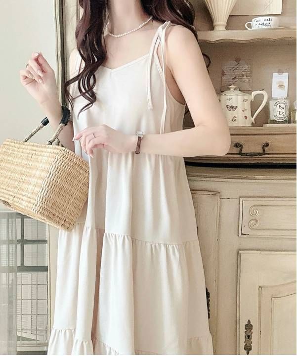 Tie Shoulder Plain Tiered Maxi A-Line Dress