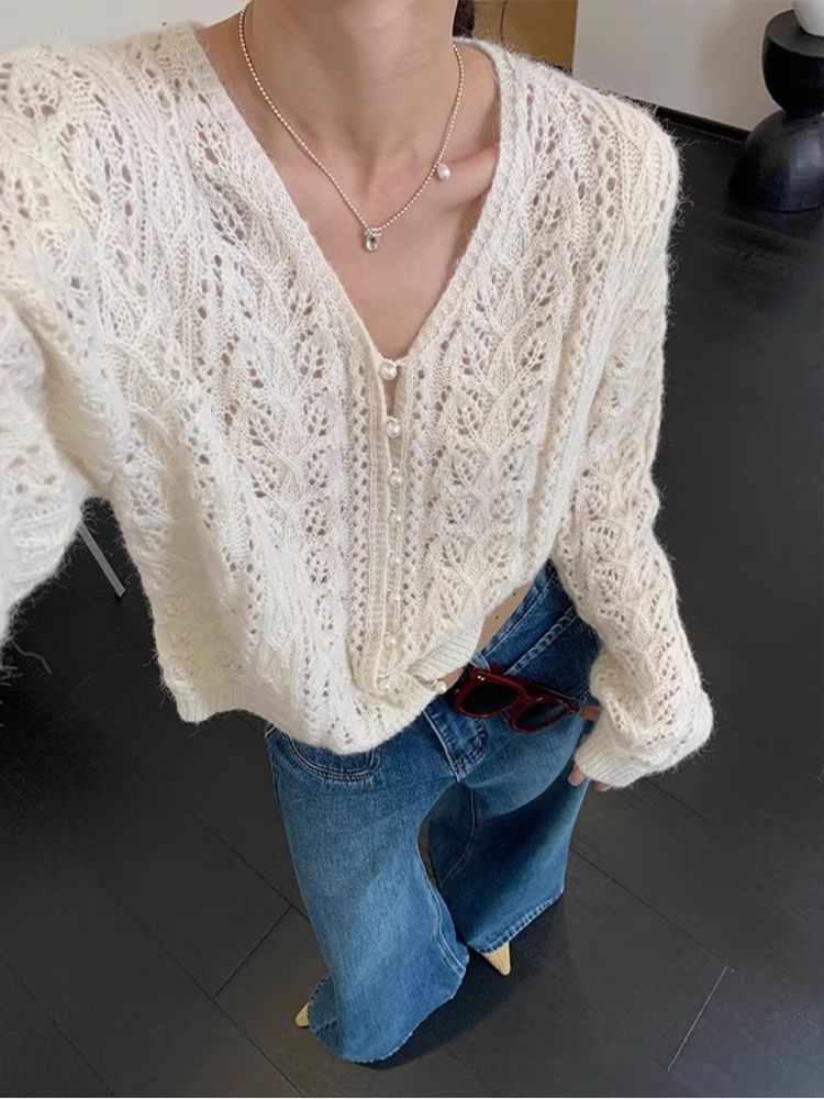 Button Pointelle Knit Pearl Cardigan Plain V-Neck Faux