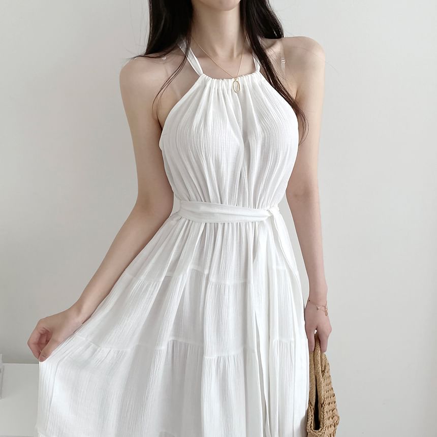 Tiered Midi A-Line Dress with Thin Straps