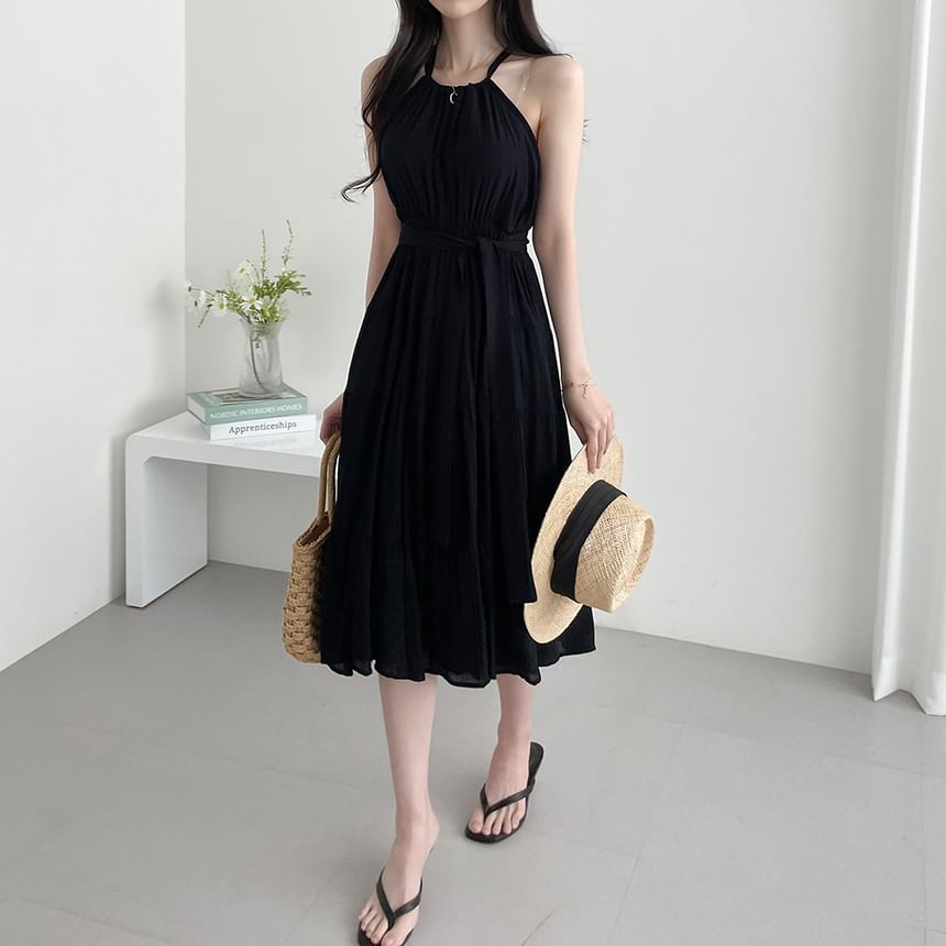 Tiered Midi A-Line Dress with Thin Straps