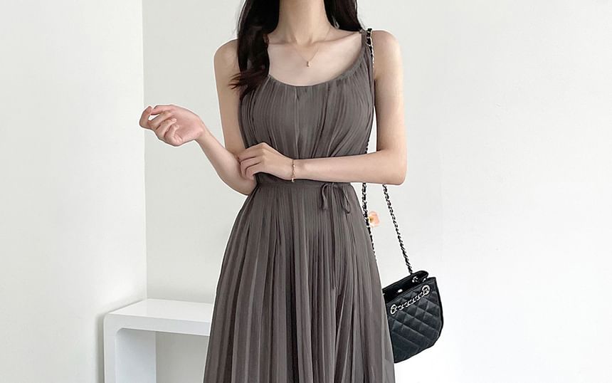 Maxi A-Line Dress with Thin Straps and Pleated Waist
