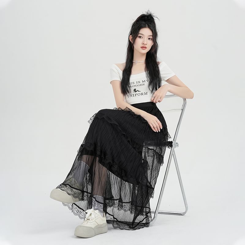 High A-Line Plain Midi Skirt Lace Waist Tiered