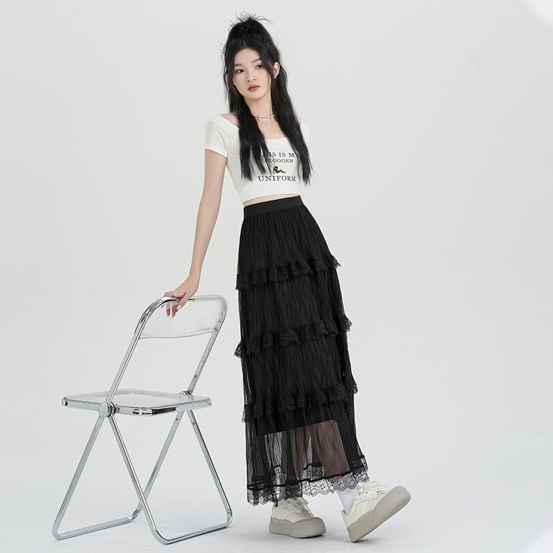 High A-Line Plain Midi Skirt Lace Waist Tiered