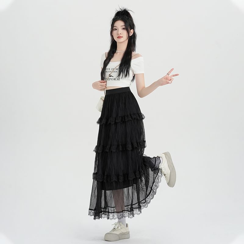 High A-Line Plain Midi Skirt Lace Waist Tiered