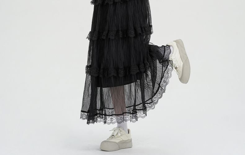 High A-Line Plain Midi Skirt Lace Waist Tiered