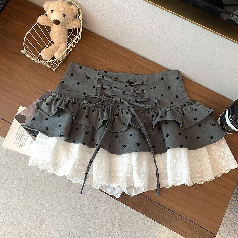 High Panel Waist Lace Skirt Bow Mini A-Line Dotted Tiered